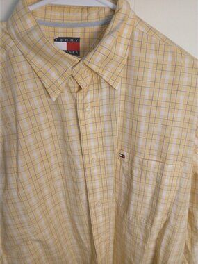 Vtg Tommy Hilfiger Yellow Plaid Checks Mens Medium Long Sleeve Button Down Shirt
